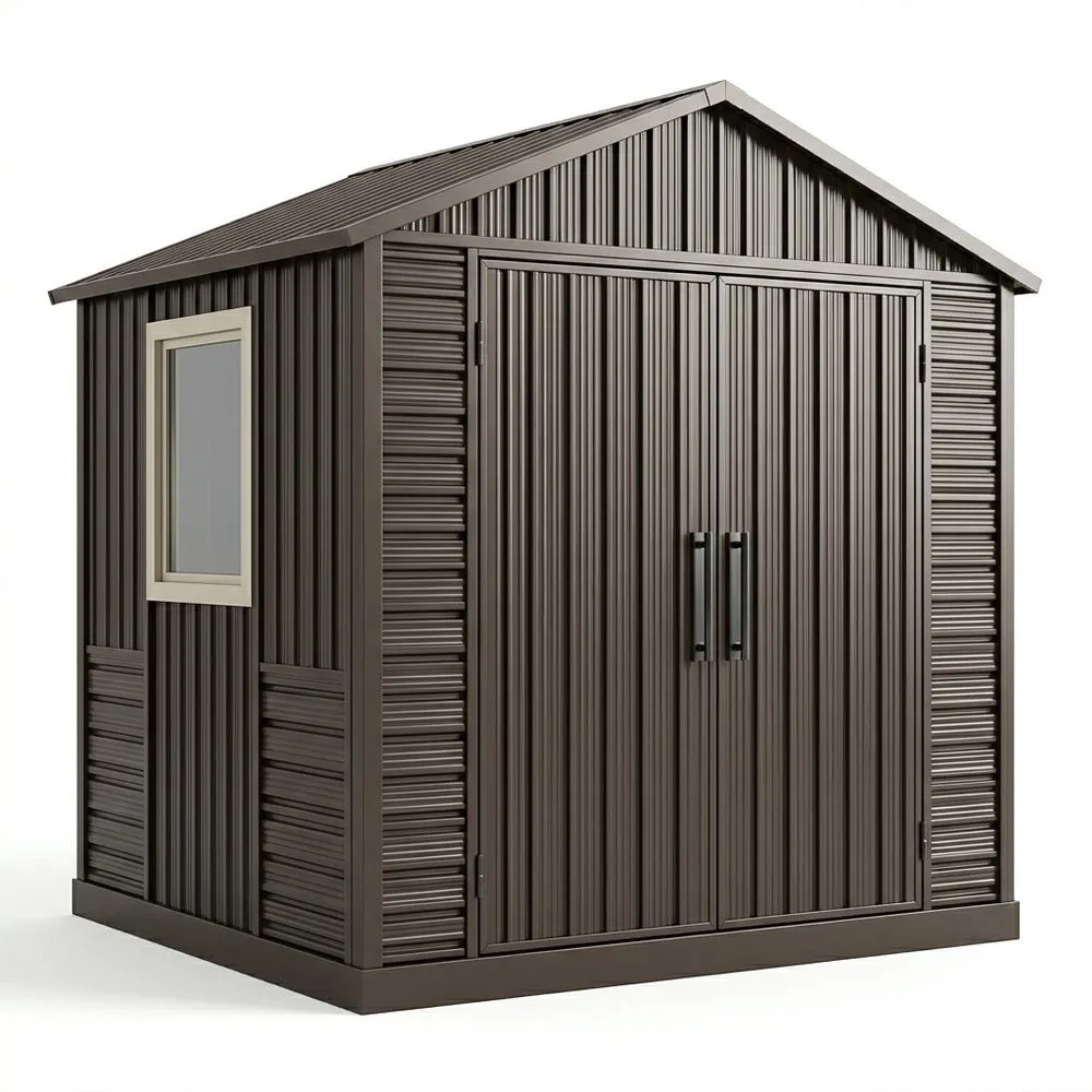 Capanno in acciaio verniciato marrone con porta doppia e finestra