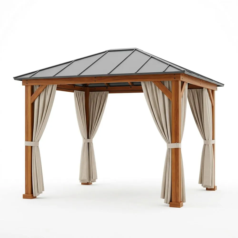 Gazebo da giardino in legno massello con tetto in alluminio e tende in poliestere beige