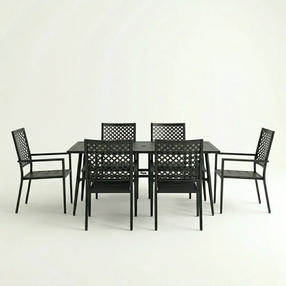 Set da pranzo da esterno in alluminio nero con 6 sedie