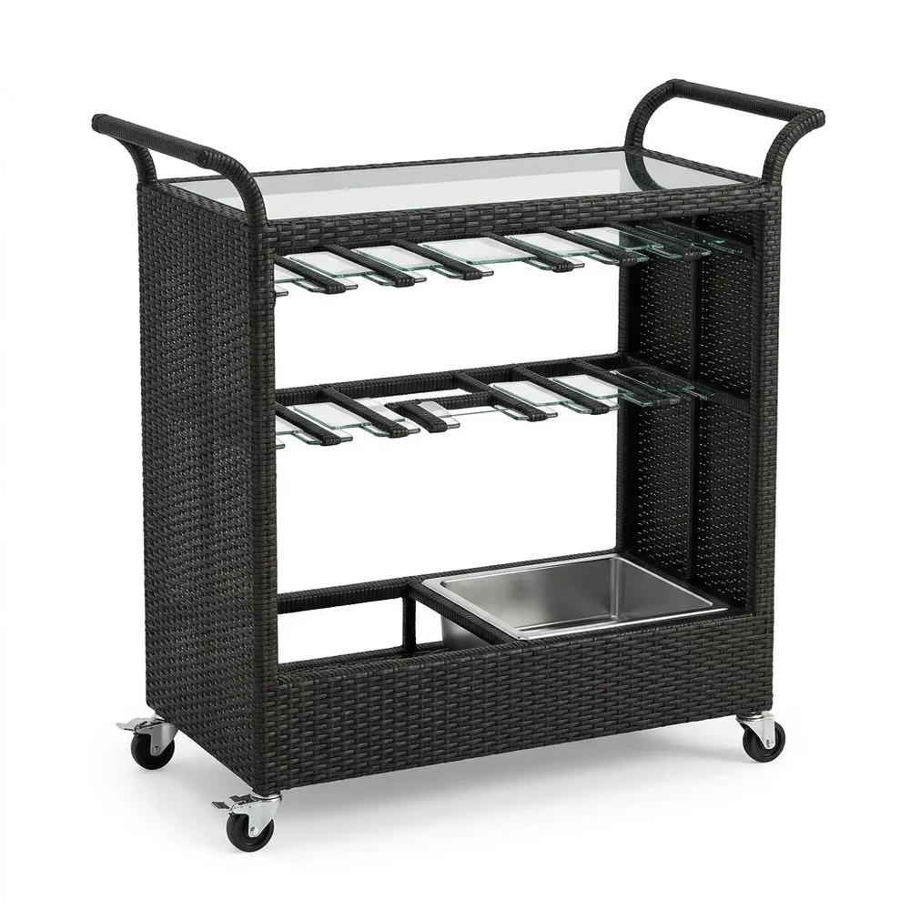 Carrello Bar in Rattan con Vetro e Ruote Nero