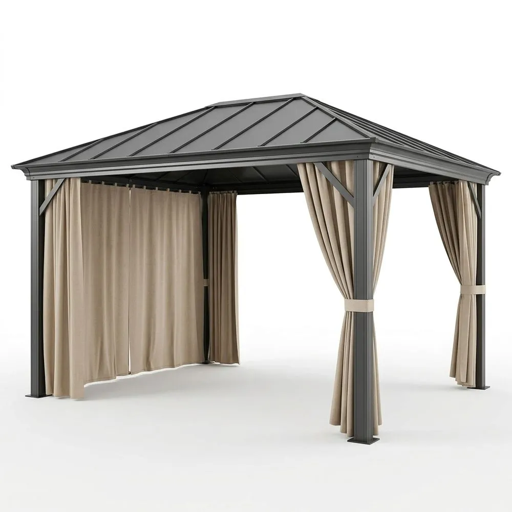 Gazebo in alluminio con tende in poliestere, Antracite/Beige, Lunghezza 300 cm x Larghezza 400 cm