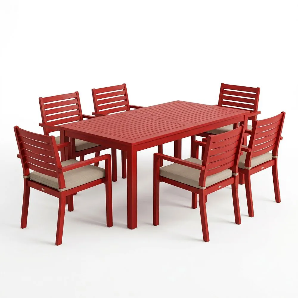 Set da Pranzo Esterno Rettangolare in legno massello rosso con Sedie e Cuscini