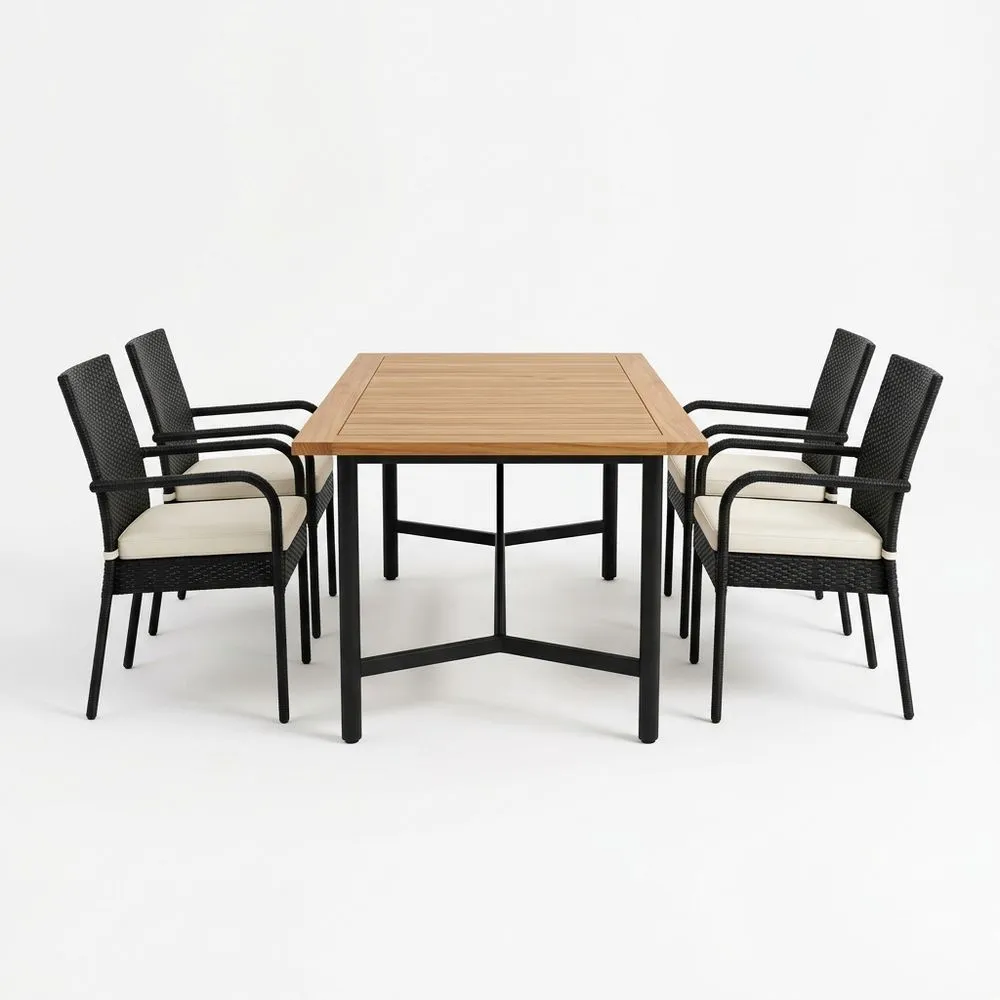 Set da giardino tavolo rettangolare in legno di teak con sedie in rattan e cuscini