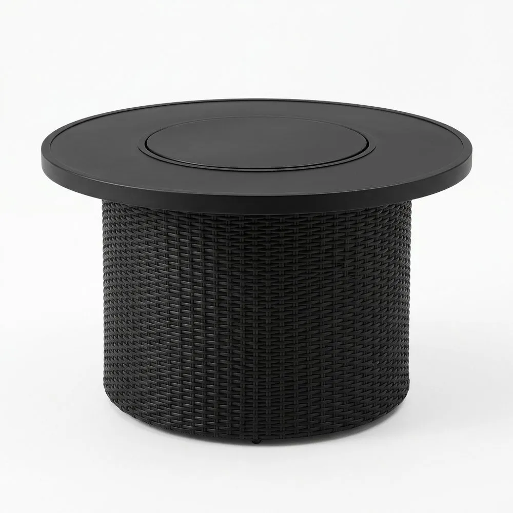 Tavolino Rotondo da Esterno in Acciaio e Rattan Nero