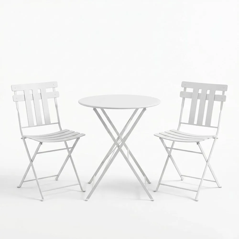 Set tavolo rotondo e sedie pieghevoli in ferro bianco