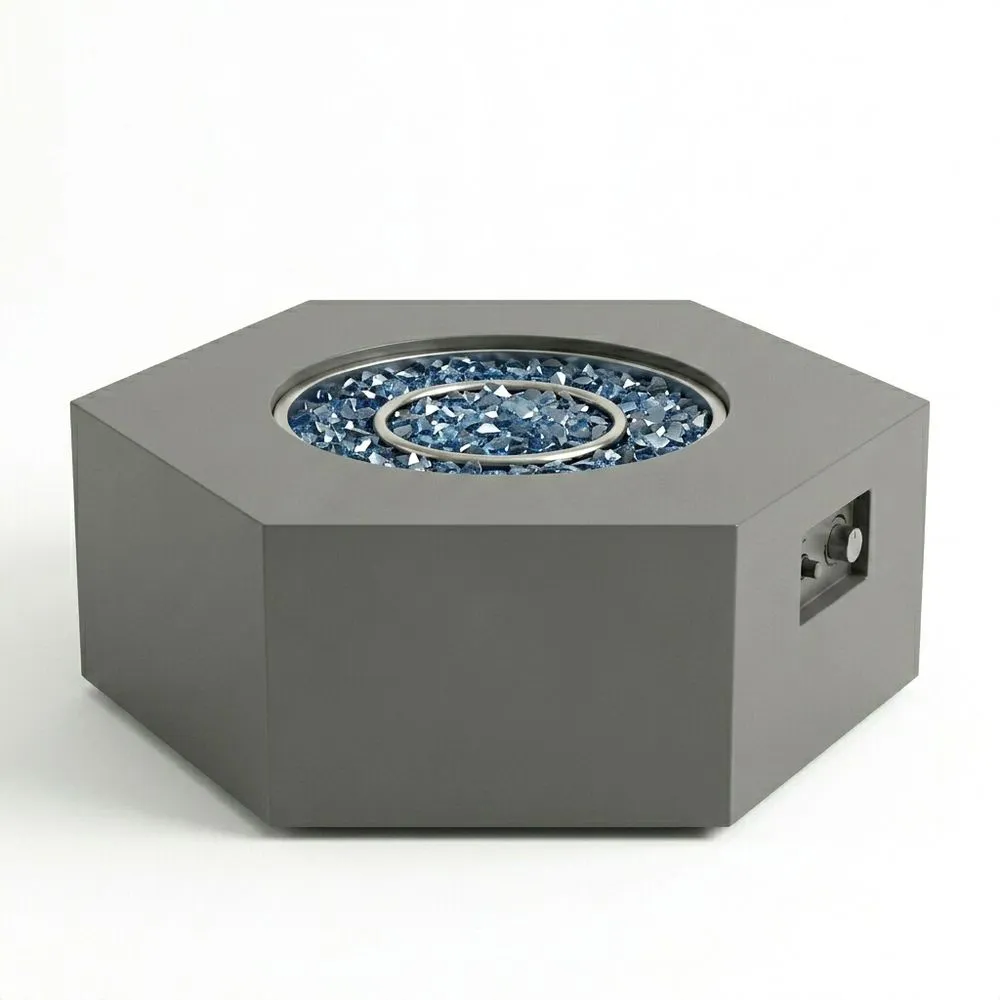 Tavolo da fuoco esagonale in cemento grigio e vetro temperato blu