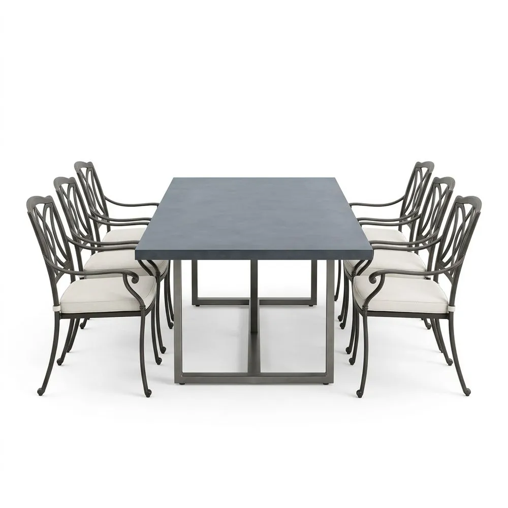 Set tavolo da pranzo rettangolare con 6 sedie in ferro e cuscini bianchi