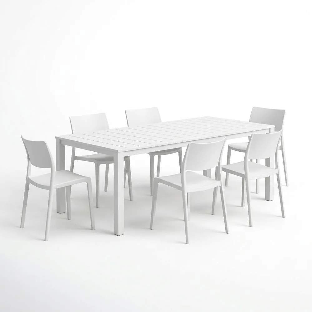 Set tavolo e 6 sedie in alluminio e polipropilene bianco