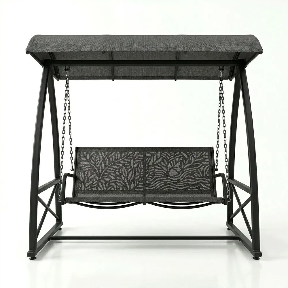 Altalena da giardino in acciaio nero con tettoia in tessuto poliestere grigio