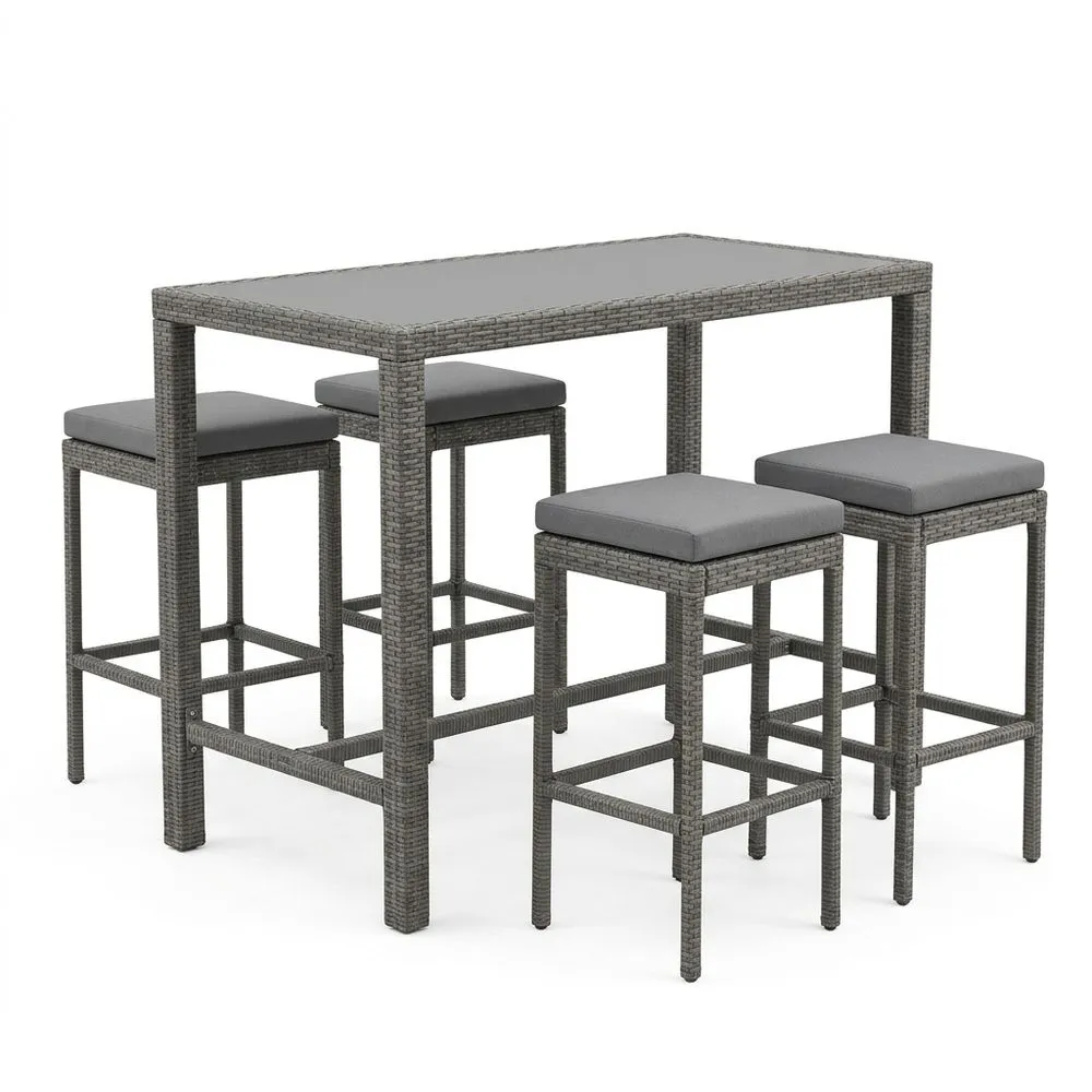 Set tavolo alto rettangolare da esterno in polyrattan con quattro sgabelli