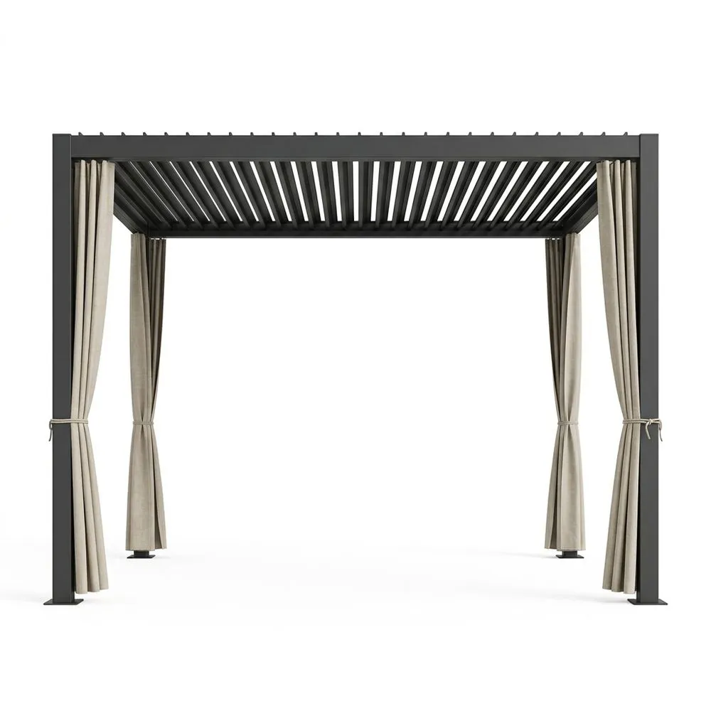 Pergola in alluminio con tende in poliestere beige, Lunghezza 400 cm x Larghezza 300 cm x Altezza 255 cm