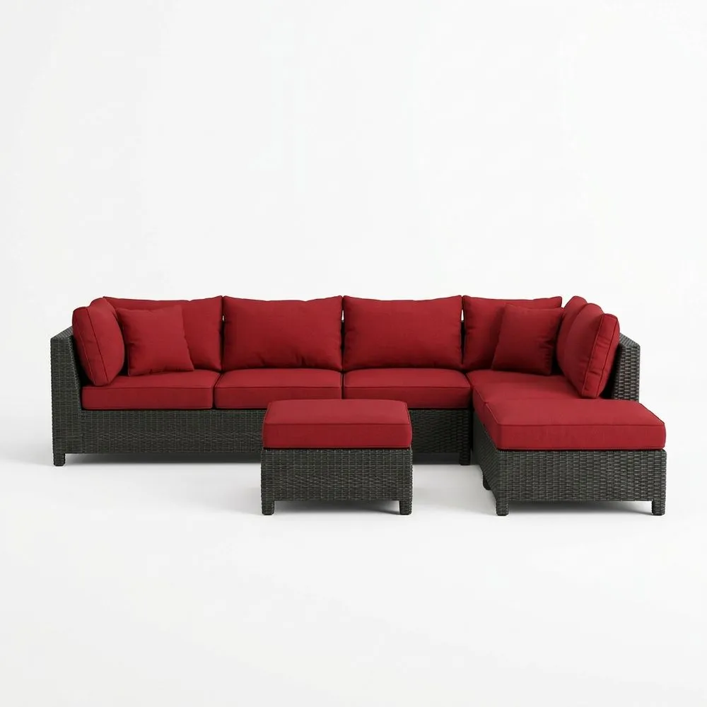 Divano ad Angolo da Esterno in Rattan Sintetico con Cuscini Rossi