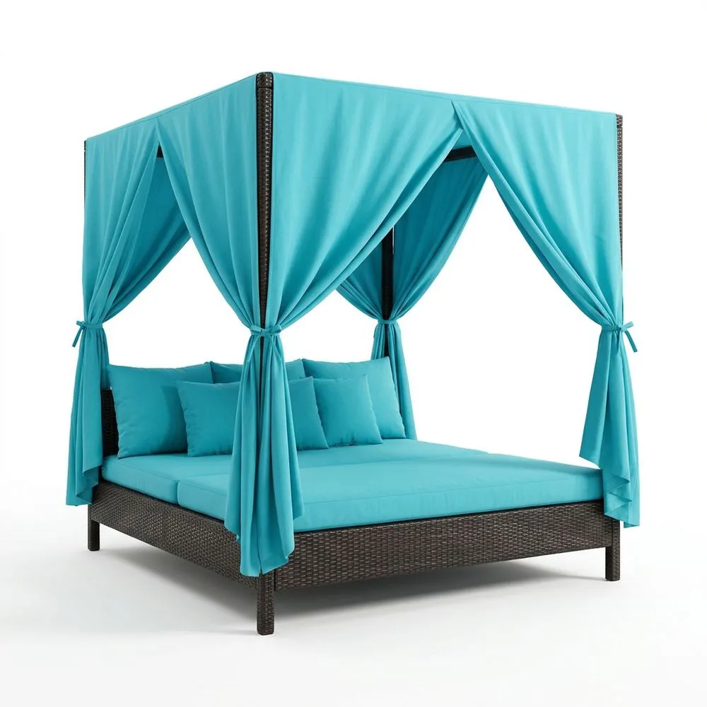 Letto a baldacchino da esterno in rattan sintetico e poliestere azzurro, Lunghezza 200 cm x Larghezza 200 cm x Altezza 200 cm