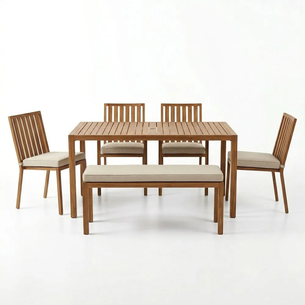 Set da pranzo in legno massello con cuscini in poliestere beige
