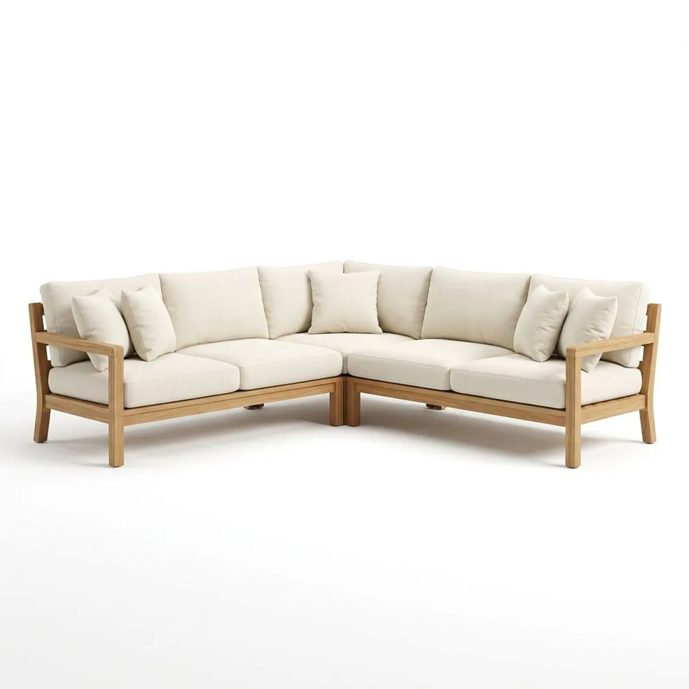 Divano angolare in legno di teak e poliestere beigeDivano angolare in legno di teak e poliestere beige