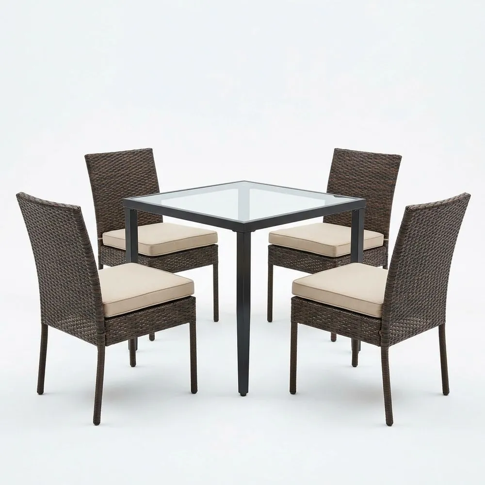 Set da pranzo per esterno in rattan sintetico e vetro temperato con cuscini beige