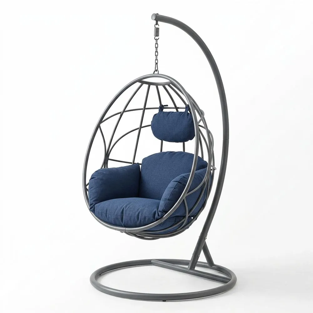 Poltrona Sospesa a Uovo in Acciaio con Cuscino Blu