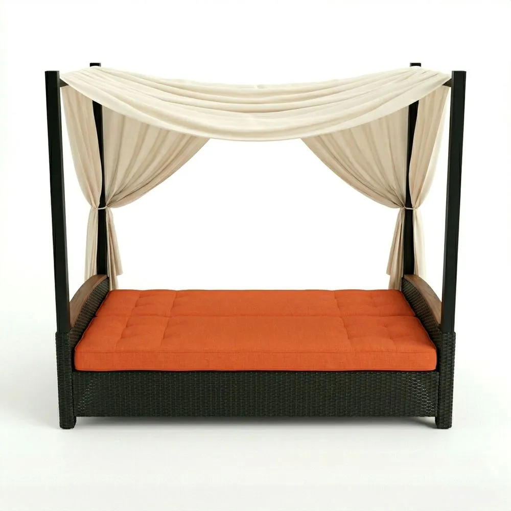 Letto a baldacchino in rattan con tessuto poliestere e cuscino arancione