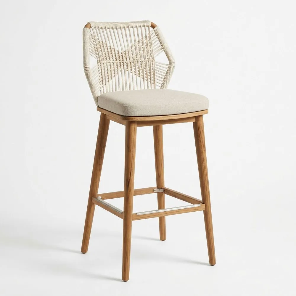 Sgabello in legno massello con schienale in corda sintetica e seduta in tessuto di poliestere beige