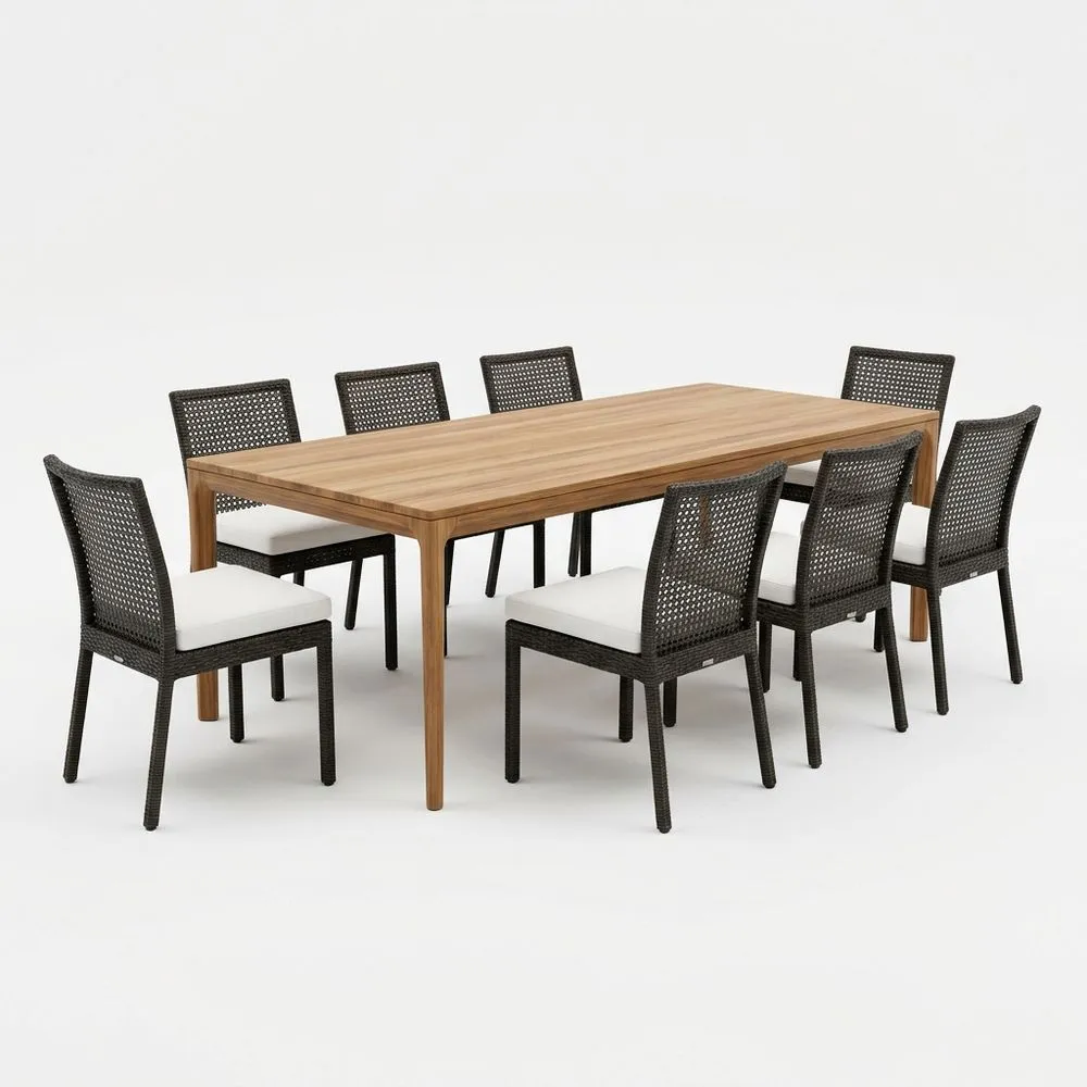 Set tavolo da pranzo in legno massello con sedie in rattan sintetico e cuscini in poliestere