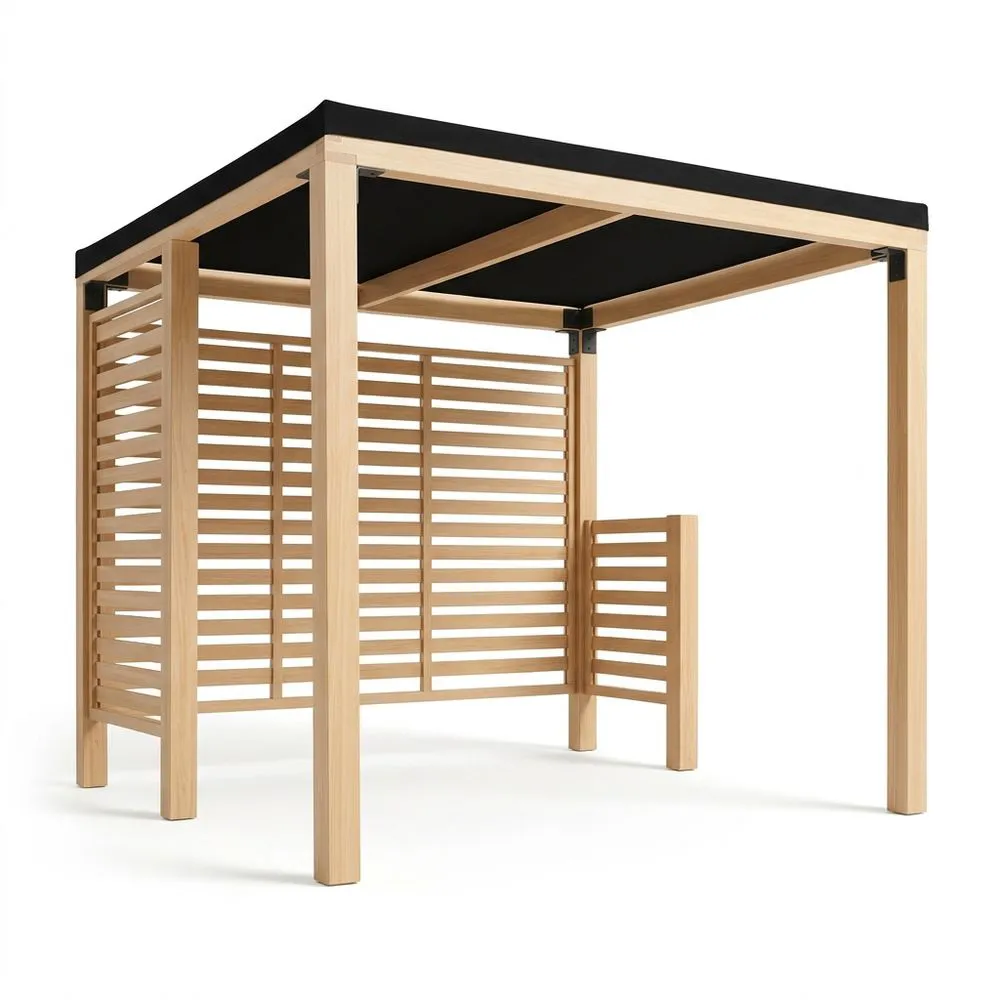 Gazebo da esterno in legno di pino con tetto in tessuto poliestere nero