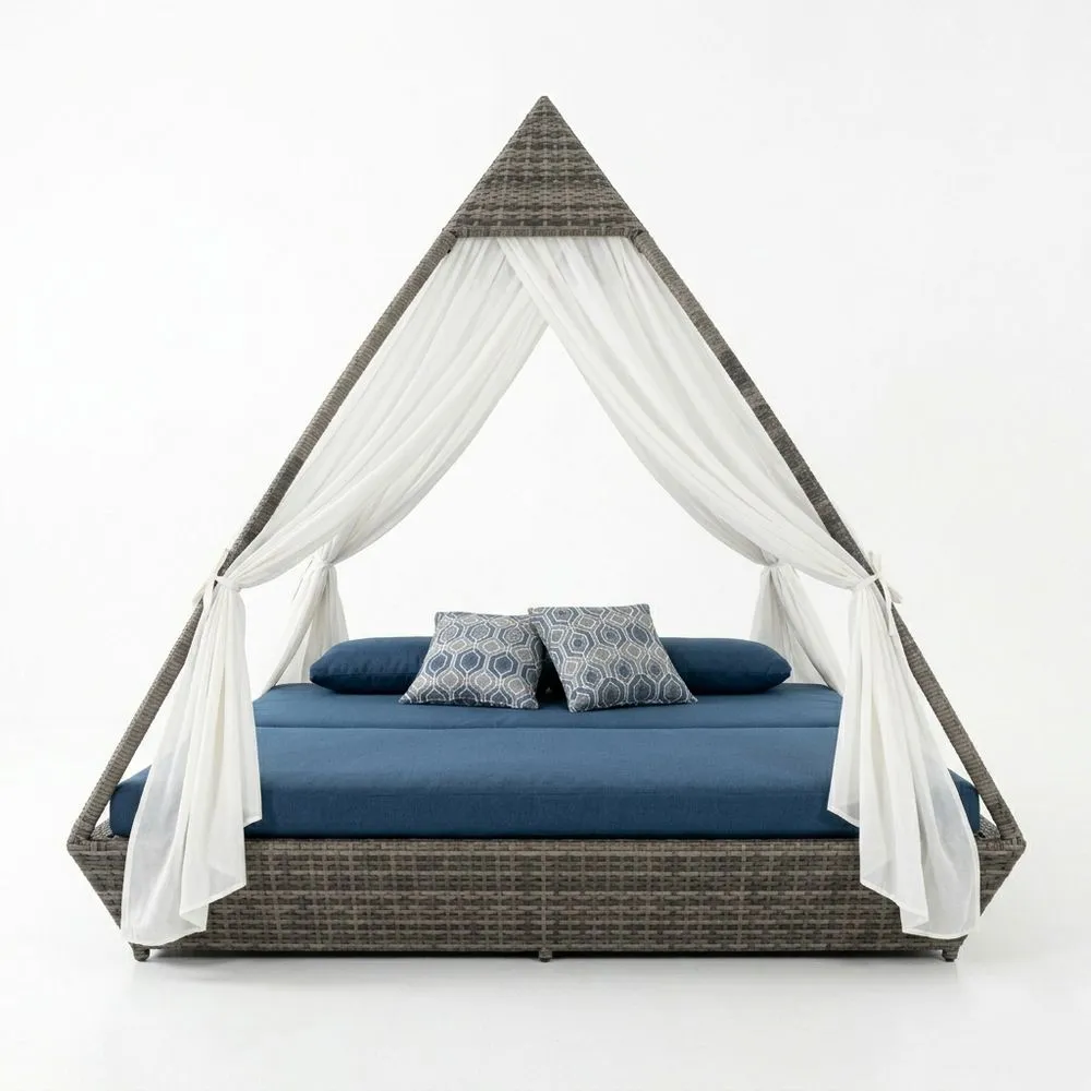 Letto a baldacchino in rattan sintetico grigio con cuscini bluLetto a baldacchino in rattan sintetico grigio con cuscini bluLetto a baldacchino in rattan sintetico grigio con cuscini blu