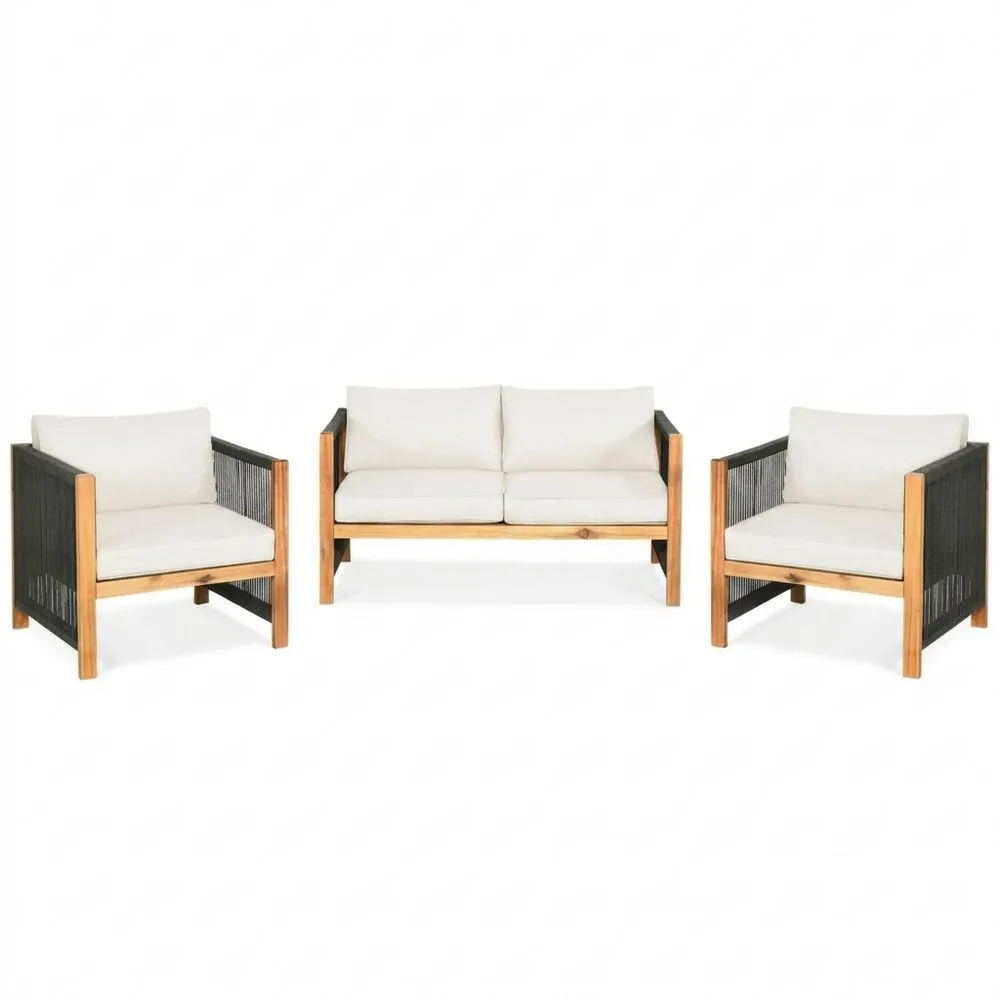 Set Divano e Poltrone da Giardino in Legno di Acacia con Cuscini Beige