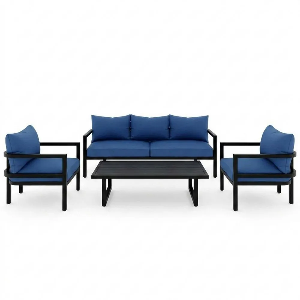 Set di divani da esterno in lega di alluminio e tessuto con cuscini in fibra di poliestere blu.
