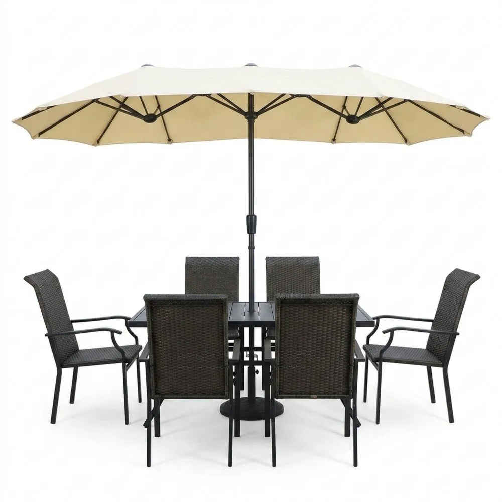Set Tavolo da Esterno con Ombrellone e 6 Sedie in Rattan Sintetico