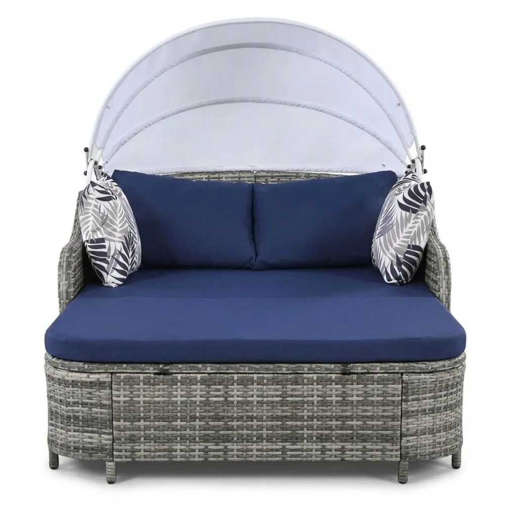 Divano letto da giardino in rattan con cuscini e baldacchino