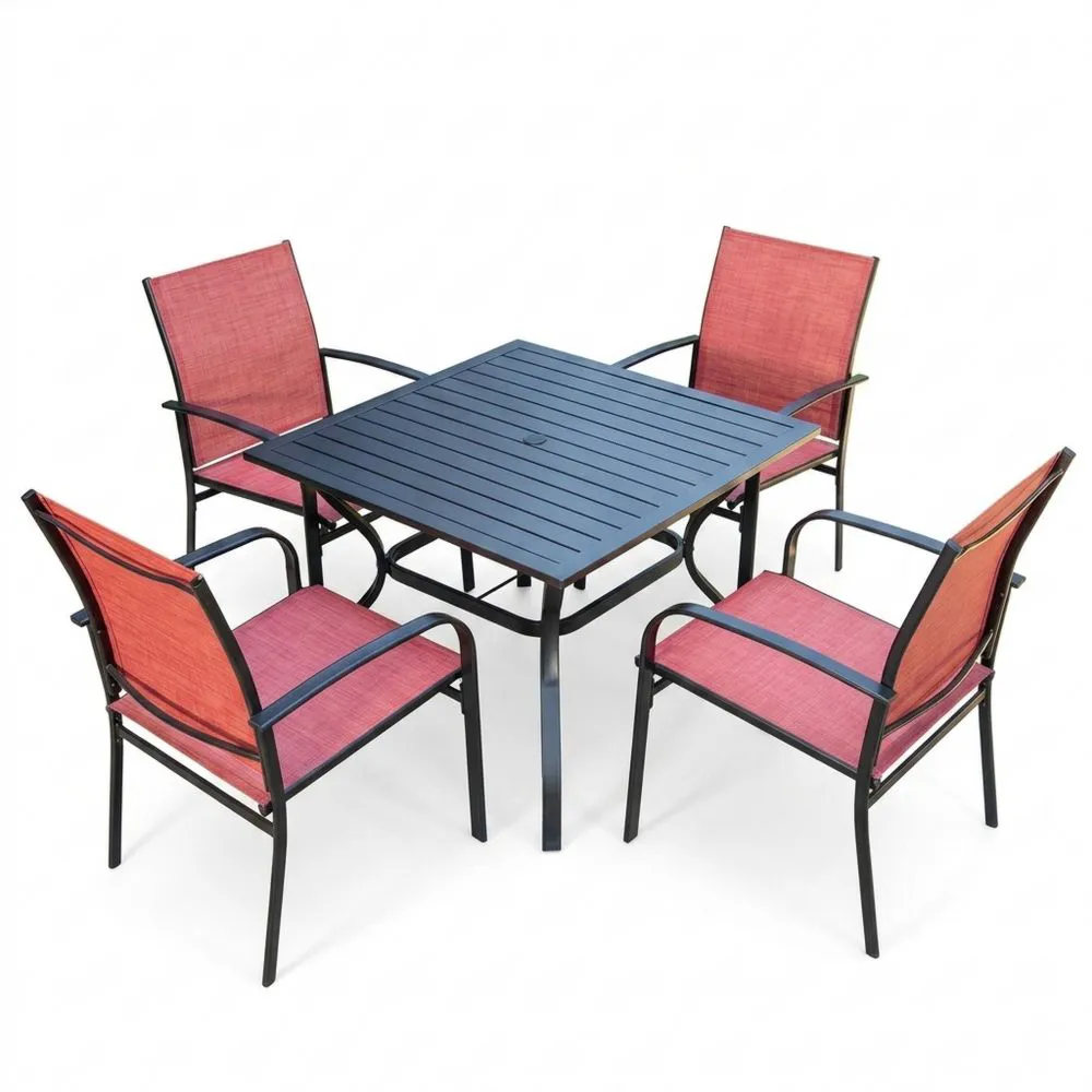 Set Tavolo Quadrato con 4 Sedie in Alluminio e Textilene Rosso