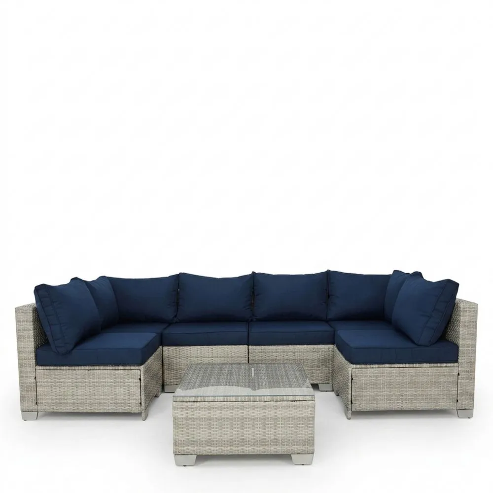 Divano Angolare da Esterno in Rattan con Cuscini in Poliestere Blu Scuro