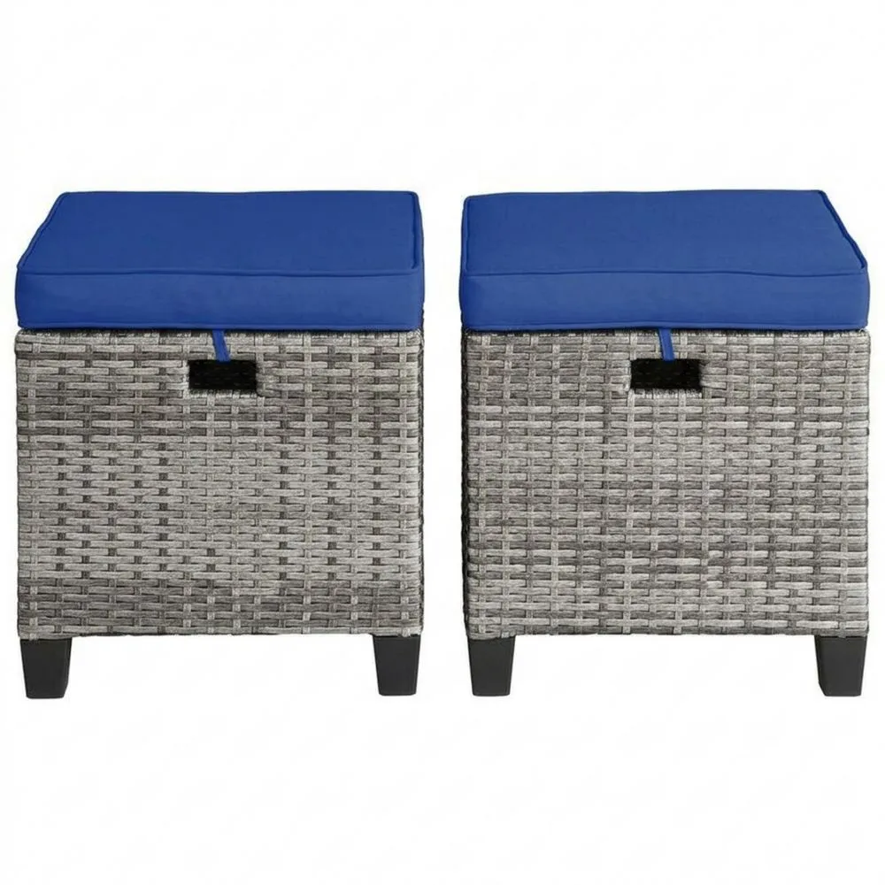 Set di 2 Pouf da Giardino in Rattan con Cuscini Blu