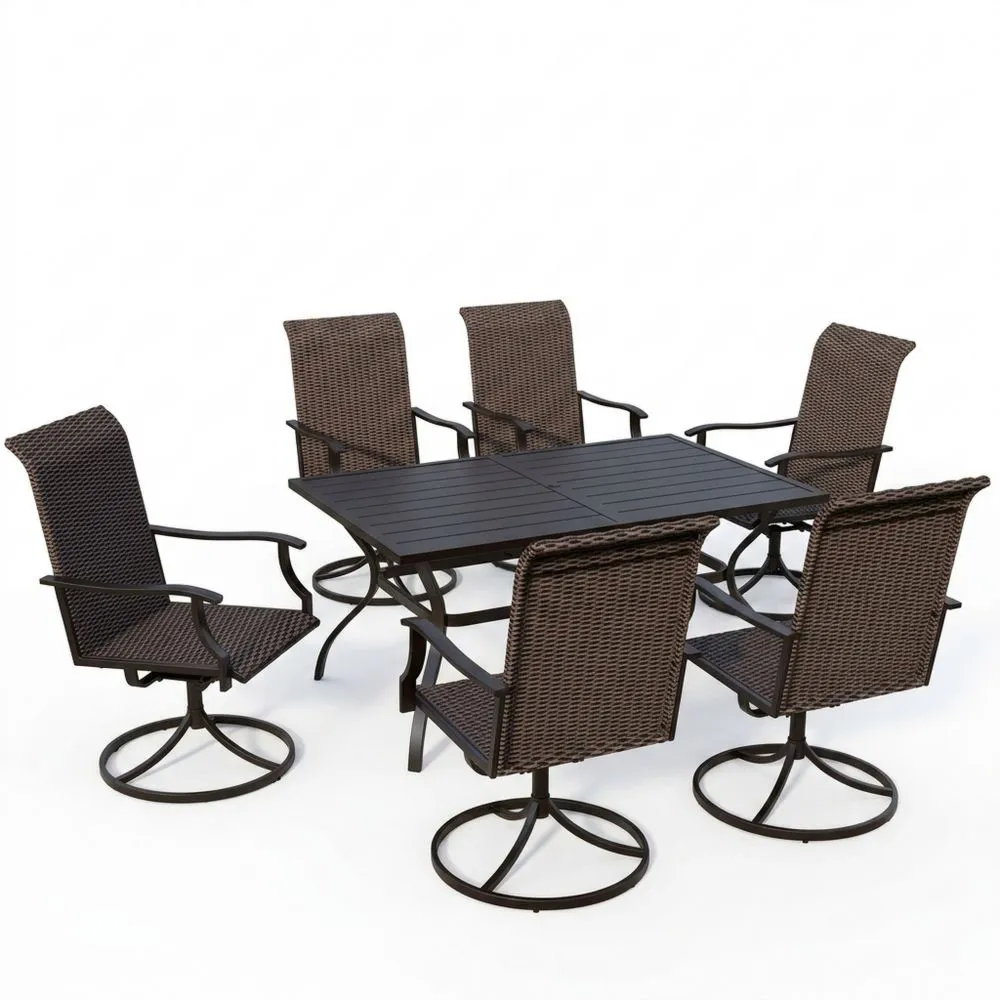 Set da Pranzo da Giardino con Tavolo e 6 Sedie in Acciaio e Rattan Sintetico Marrone