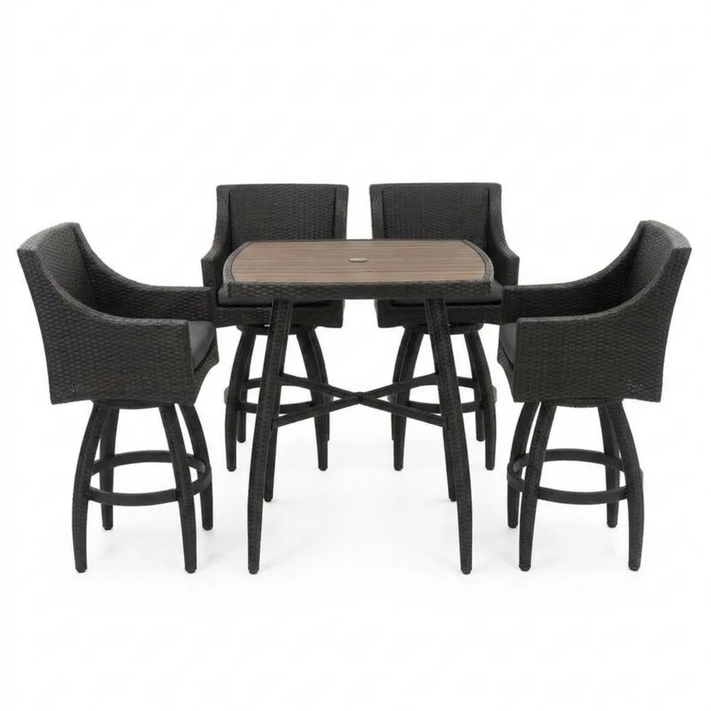 Set Tavolo e 4 Sedie da Bar in Rattan Sintetico e Legno Composito Nero