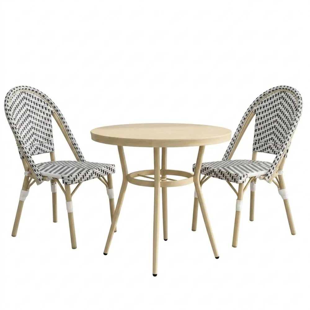 Set da esterno con tavolo rotondo in rovere e 2 sedie intrecciate.