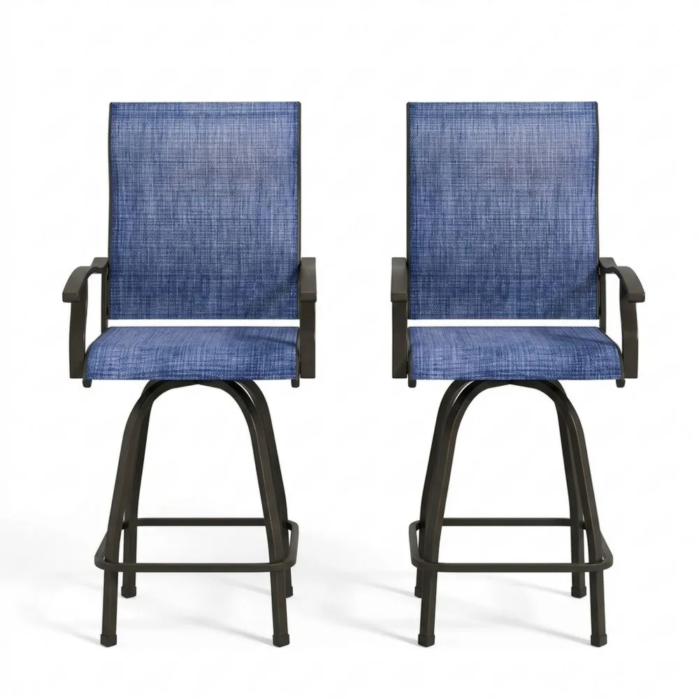 Due sedie girevoli in tessuto blu con struttura in acciaio