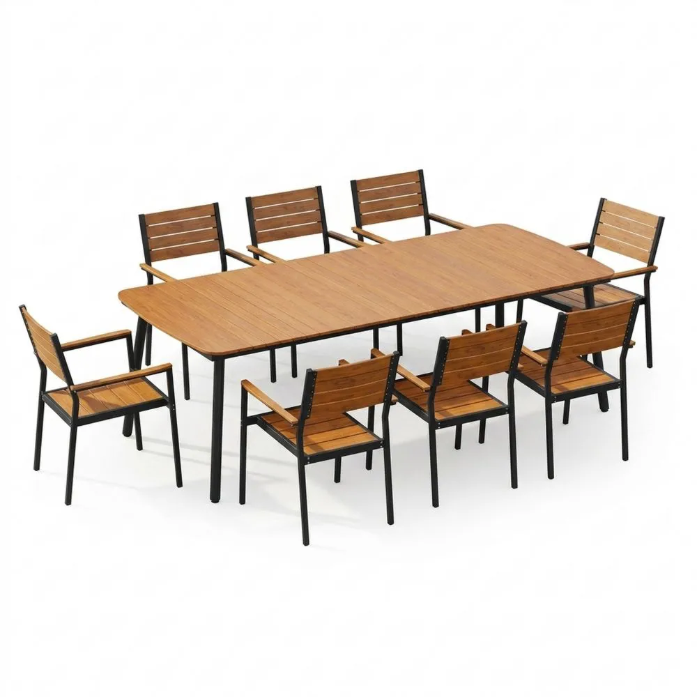 Set da pranzo per esterni composto da tavolo e sedie per 8 persone, realizzato in legno di acacia e acciaio.