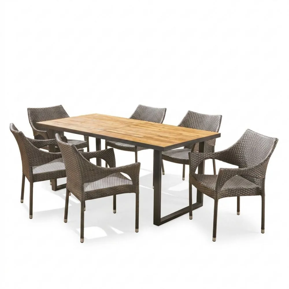 Set composto da tavolo rettangolare e 6 sedie, realizzato in legno di acacia e rattan sintetico.