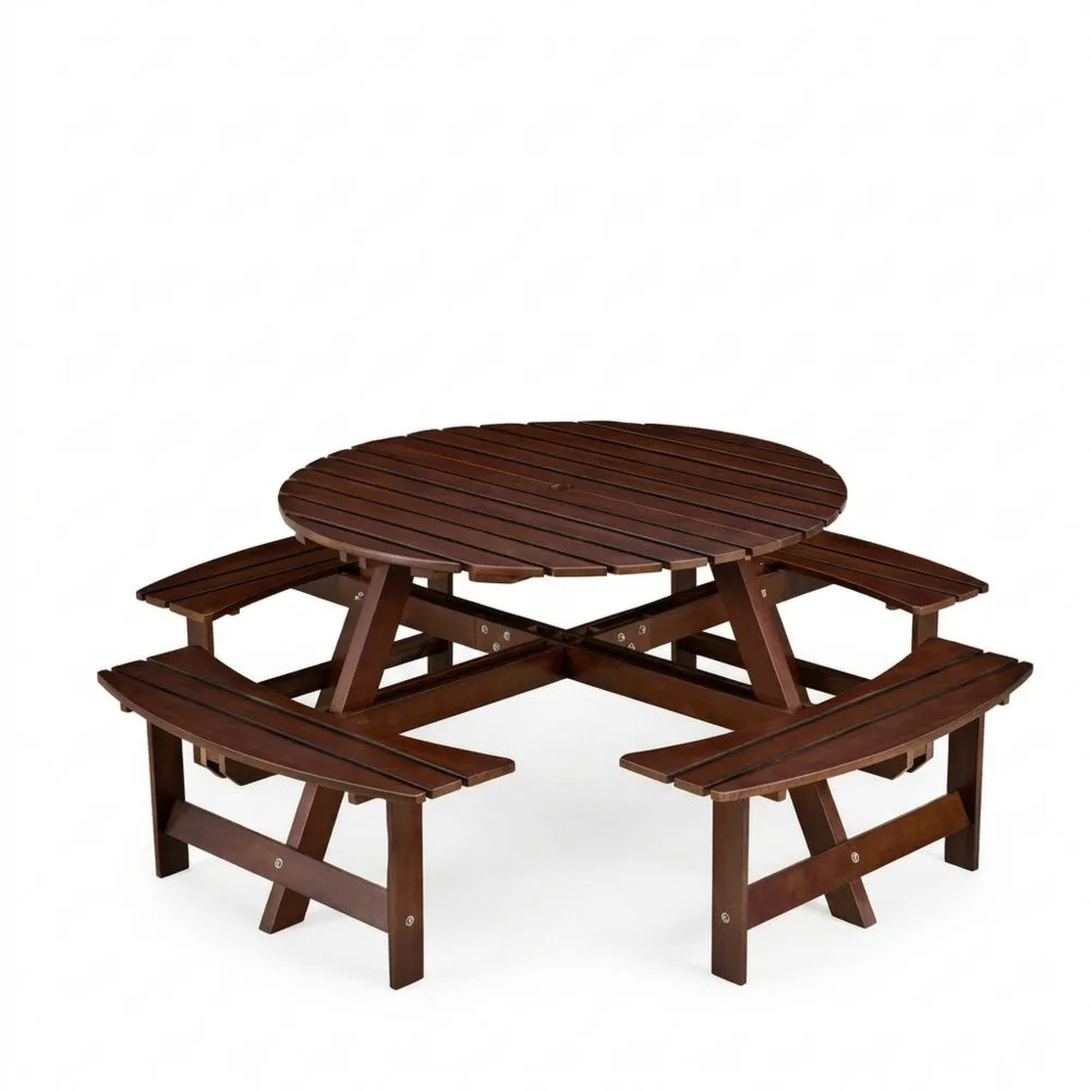 Tavolo da picnic tondo in legno massello di pino con panchine integrate marrone 155cm