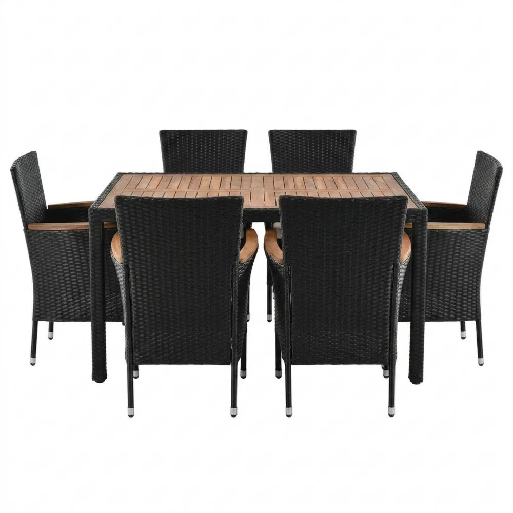 Il set da giardino in rattan comprende 6 sedie e un tavolo in teak nero.