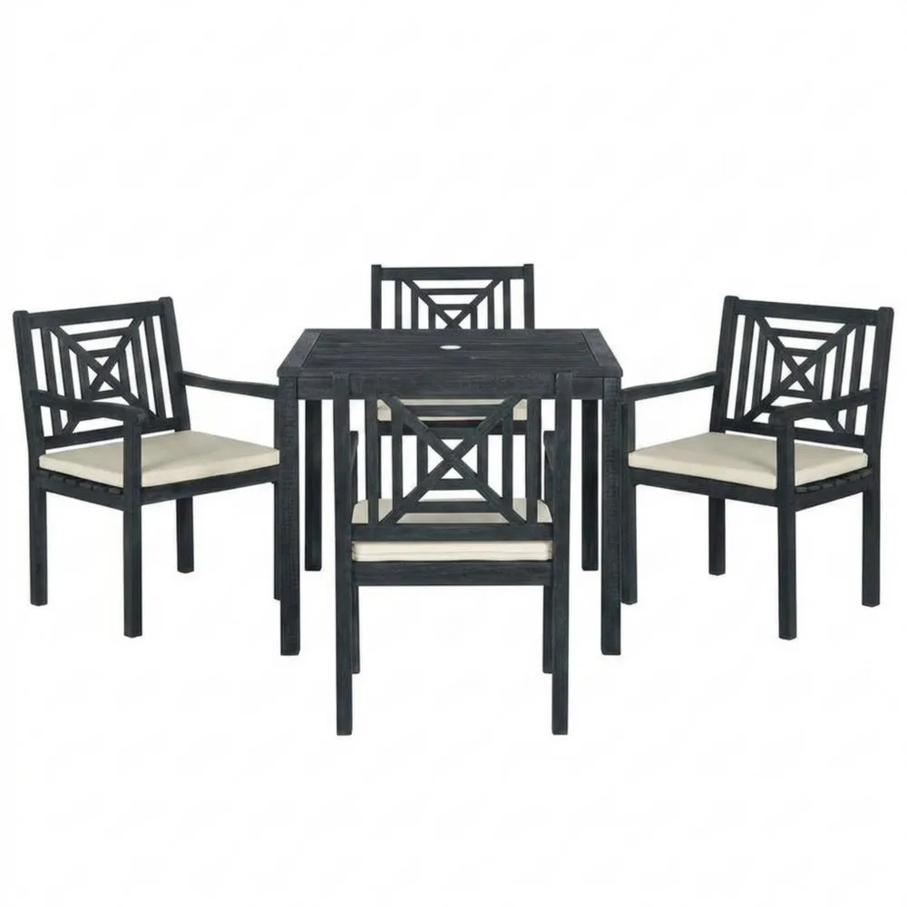 Set da pranzo da giardino composto da 4 pezzi: tavolo e sedie in legno di acacia con cuscini.