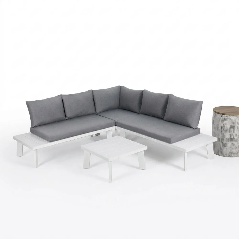 Set divano angolare da esterno in alluminio e tessuto grigio con tavolini