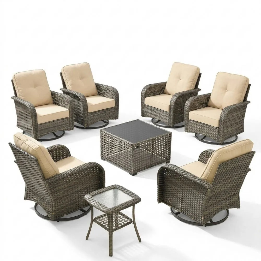 Set Rattan Giardino con Poltrone Girevoli e Tavolini in Vetro