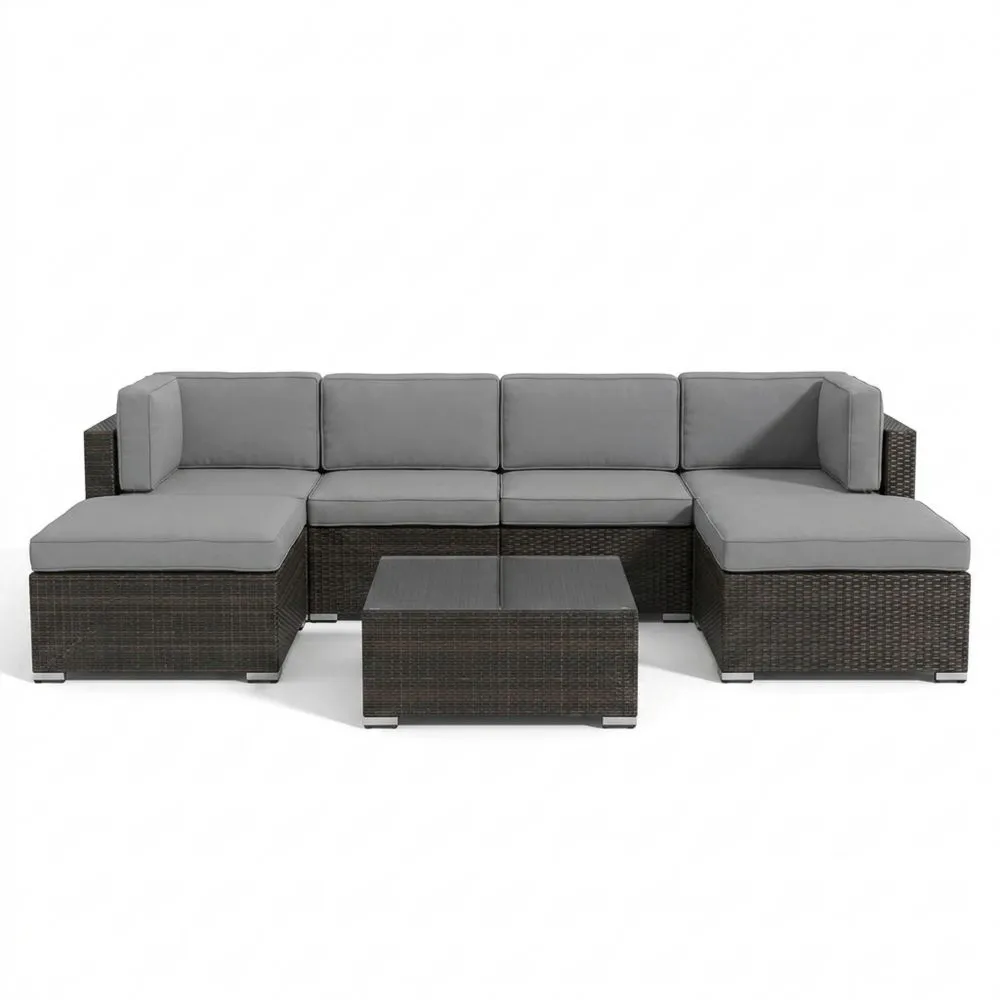 Set Divano Angolare in Rattan con Cuscini Grigi