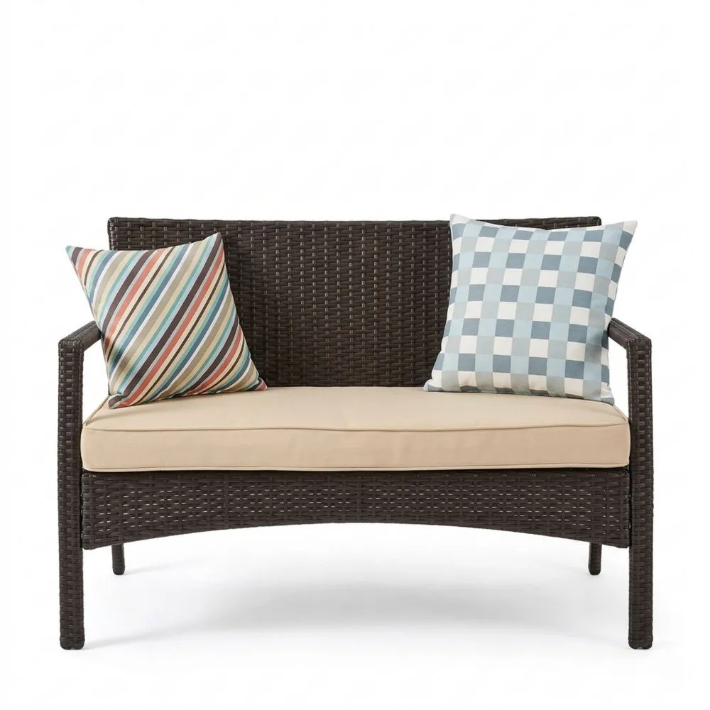 Divano a Due Posti in Rattan con Cuscini Decorativi