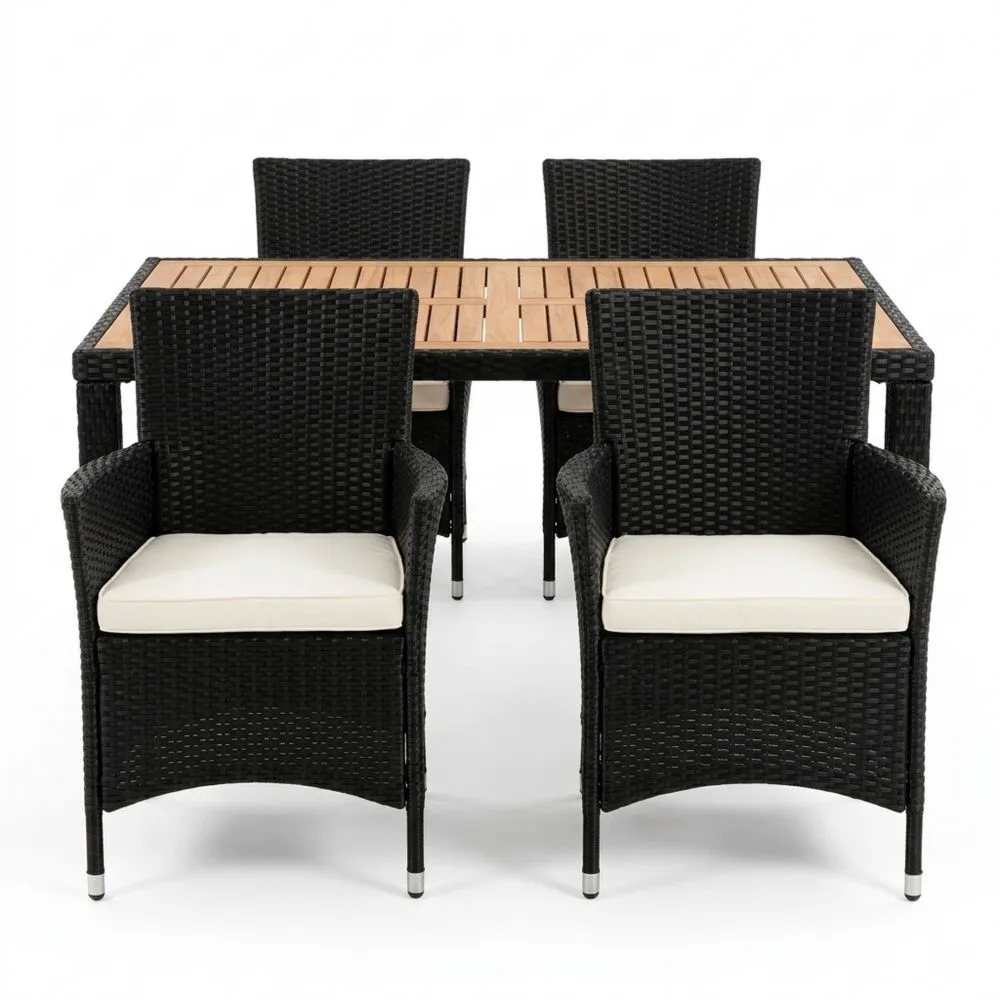 Set Tavolo e Sedie in Rattan con Superficie in Teak Nero/Beige