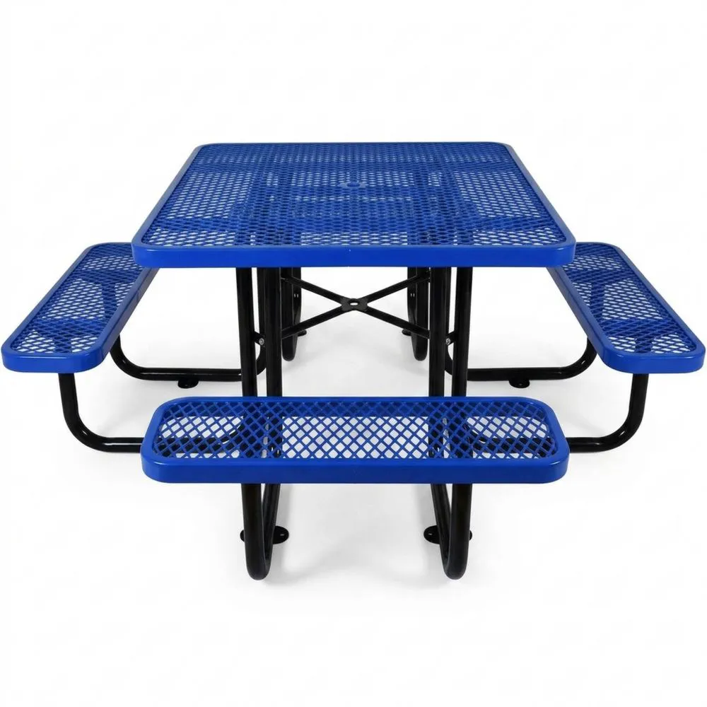 Tavolo da Picnic Quadrato in Acciaio Verniciato con Panchine Blu
