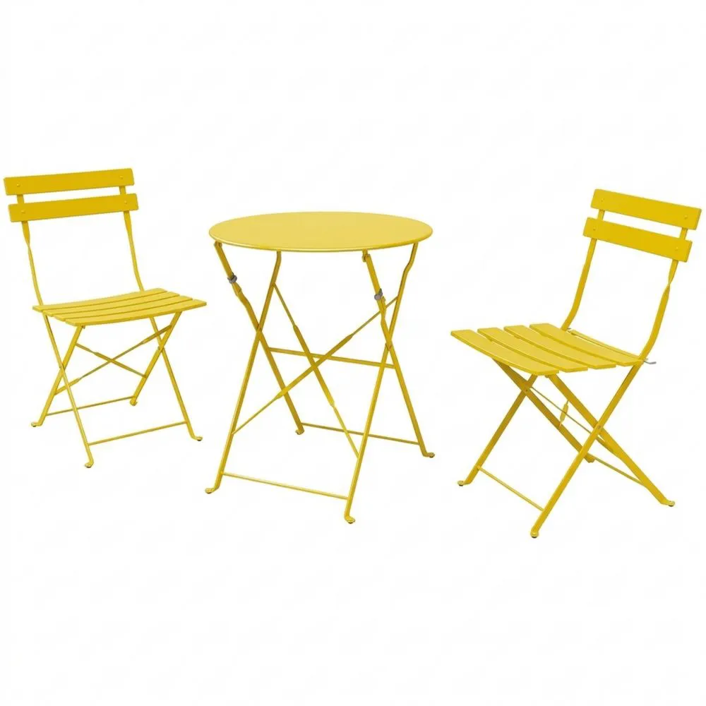 Set di tavolo e sedie pieghevoli in acciaio verniciato giallo (tre pezzi)