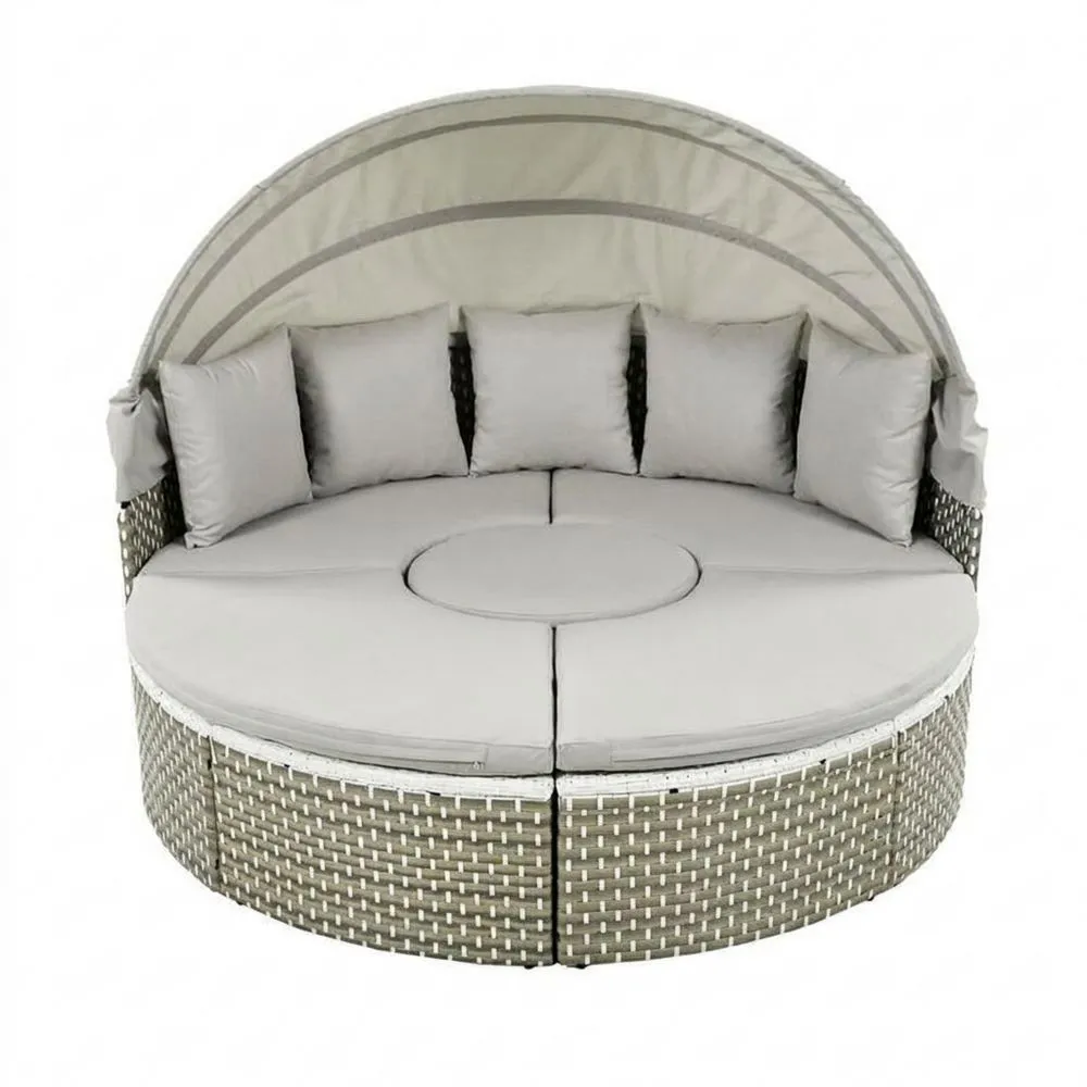 Letto da Giorno Rotondo in Rattan Sintetico con Tettuccio Grigio
